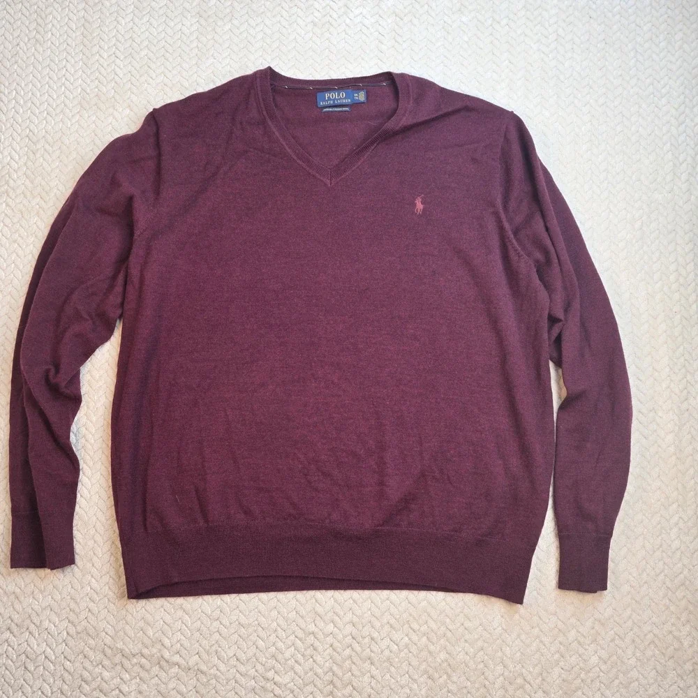 Polo Ralph Lauren XXL Burgundy Washable Merino Wool V-Neck Sweater Mens Classic‎